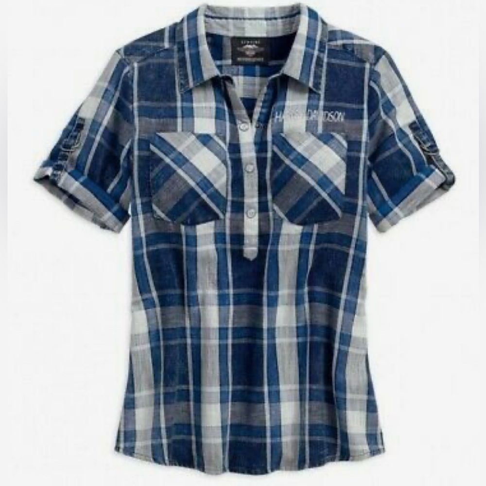 Harley Davidson Short Sleeve Blue Plaid Printed Eagle Snap Popover Shirt Medium